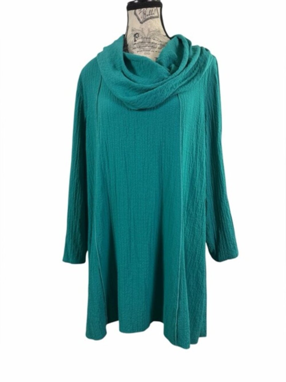 Ali Miles L Teal Cowl Neck Tunic Top Textured Swing Boho Lagenlook - Picture 2 of 9
